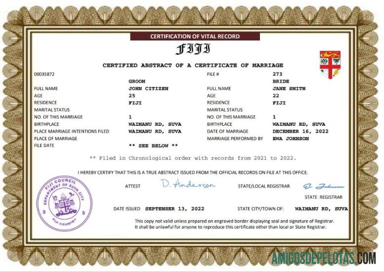 Realista modelo Word e PDF de certidão de casamento de Fiji